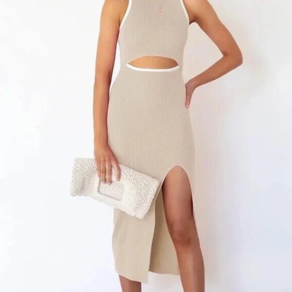 Medium Dress Crew Neck Sleeveless Tank - Slit Ribbed Bodycon cut-outs - Picture 1 of 12